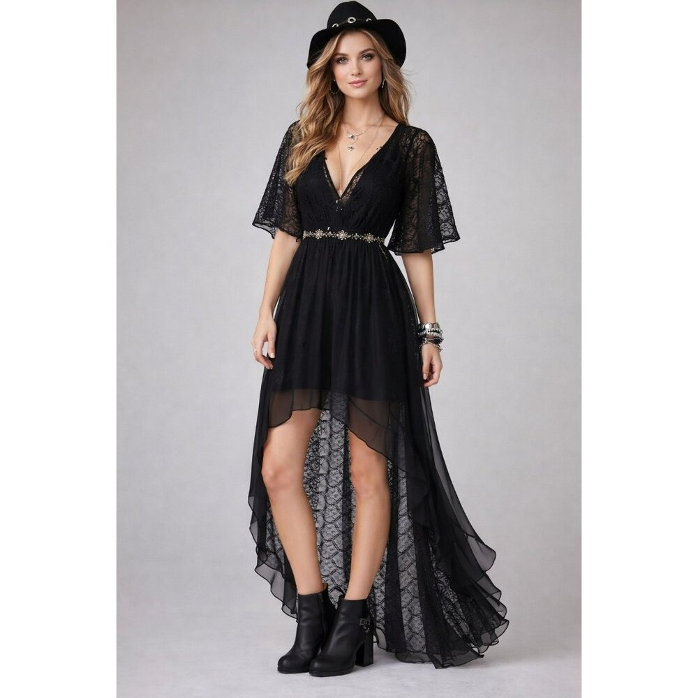 For Love & Lemons Black Lace High-Low Maxi Dress With Sheer Flutter Sleeves & Pl